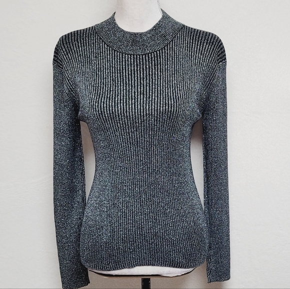90s Vintage Joseph A. Gunmetal Silver Metallic Silk Ribbed Knit Mockneck Sweater - Picture 4 of 13